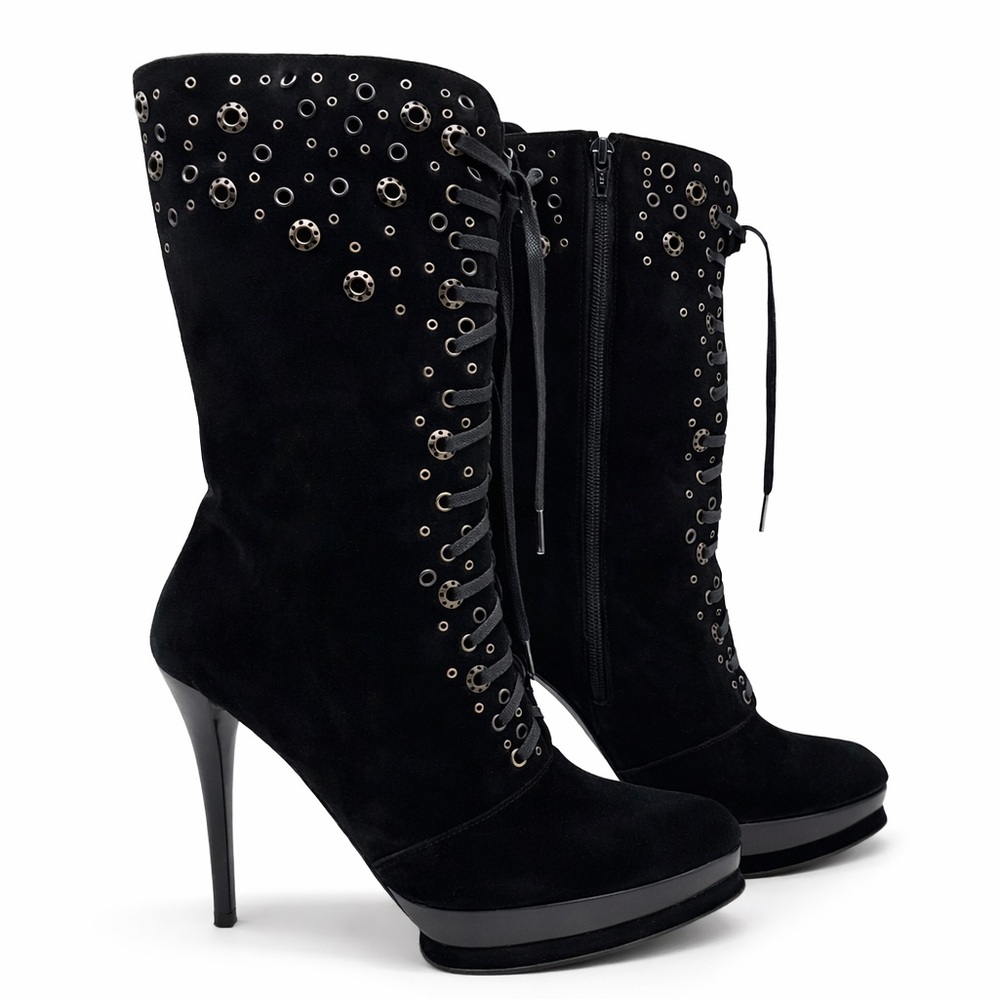 Stuart Weitzman Black Suede Studded Lace-Up Platform Stiletto Boots 7.5